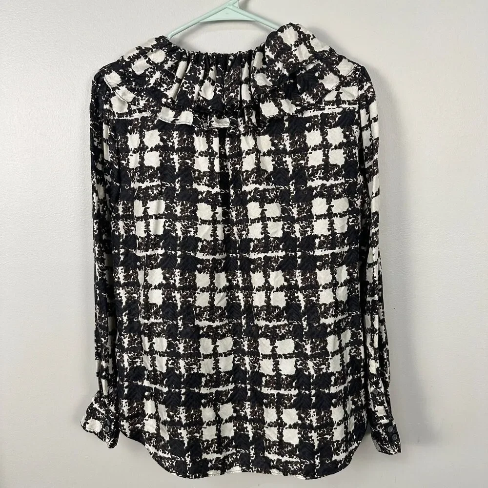 J. Crew Silk Twill Plaid Ruffle Womens Top Blouse Small Button Business